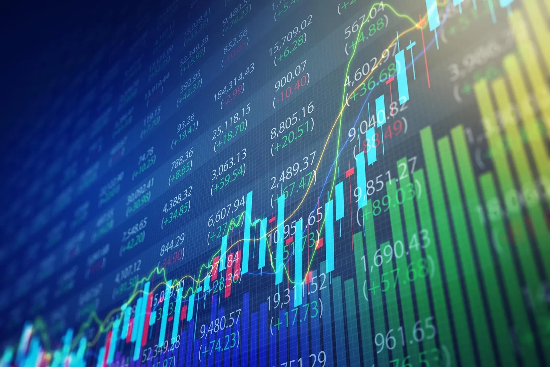 A glowing financial chart of stock prices and candlestick bars