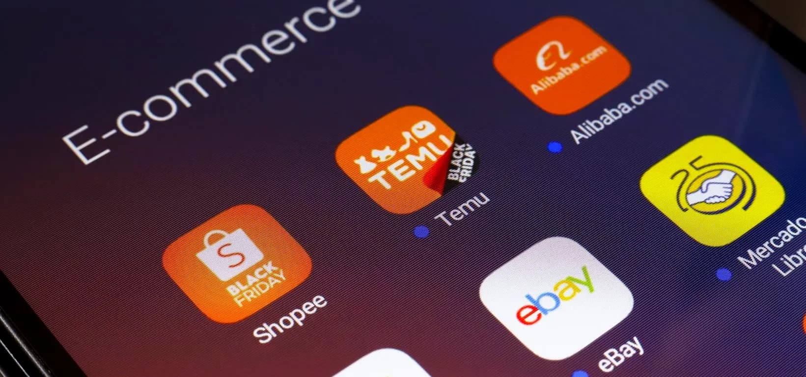 E-commerce app icons including Temu, Alibaba, and eBay on a smartphone screen