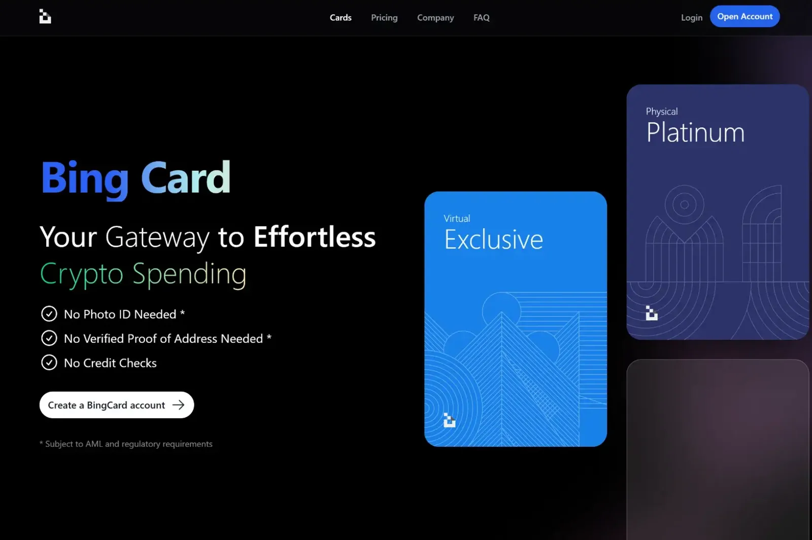 The BingCard website homepage advertising crypto cards with no photo ID required
