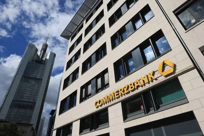 The Commerzbank logo on its office building in Frankfurt