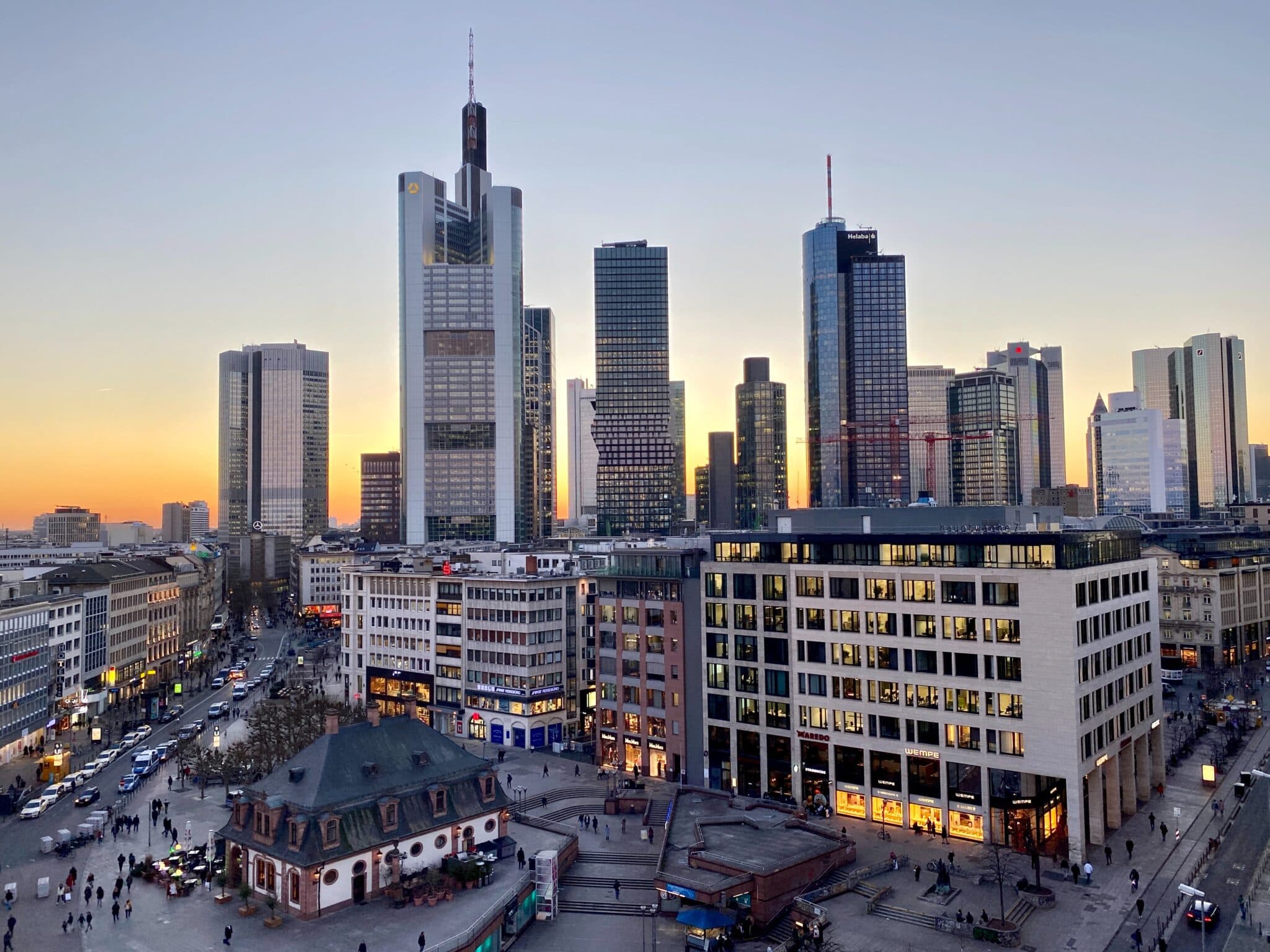 The Frankfurt skyline at sunset with the towers of the financial district
