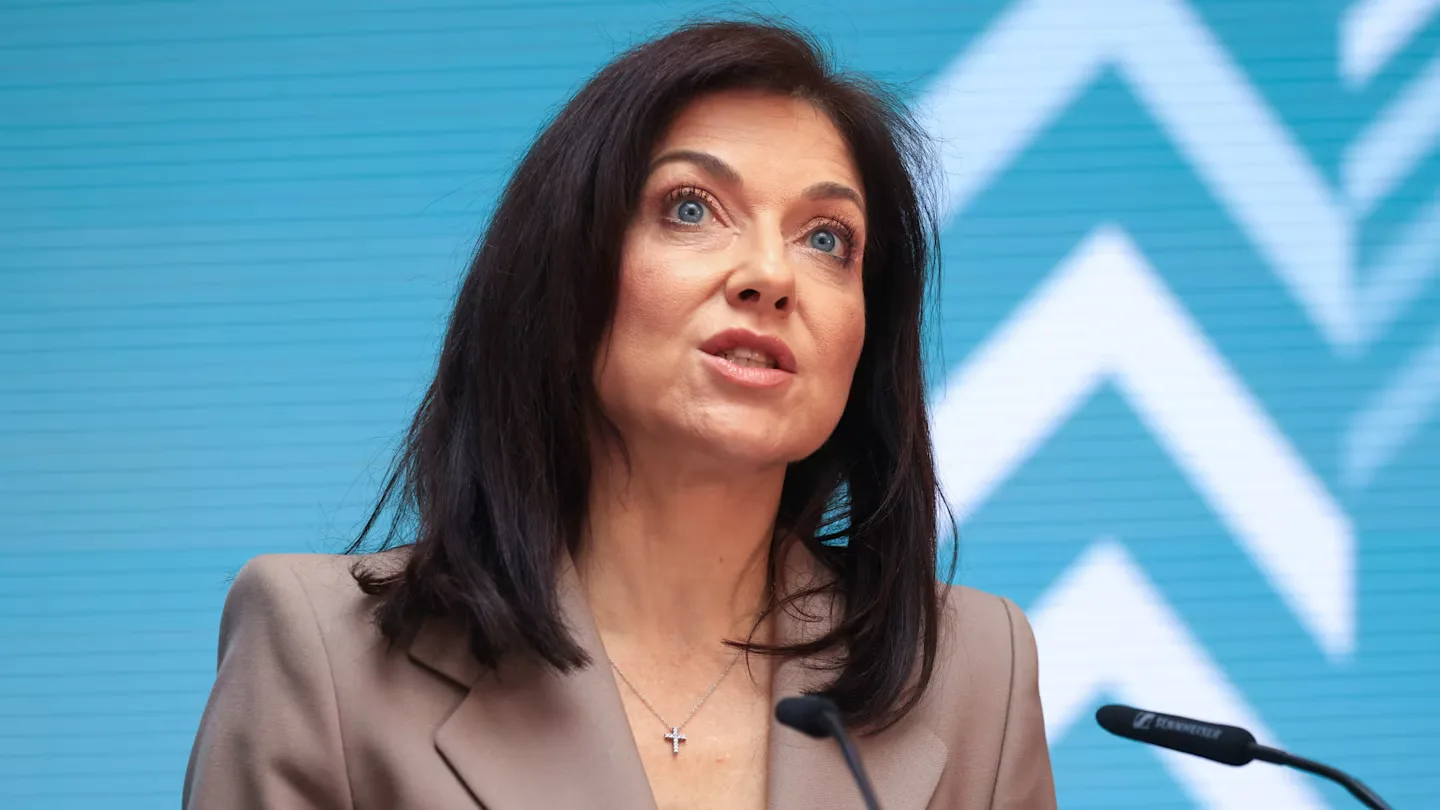 Katherina Reiche, Germany's Federal Minister for Economic Affairs and Energy, speaking at a podium
