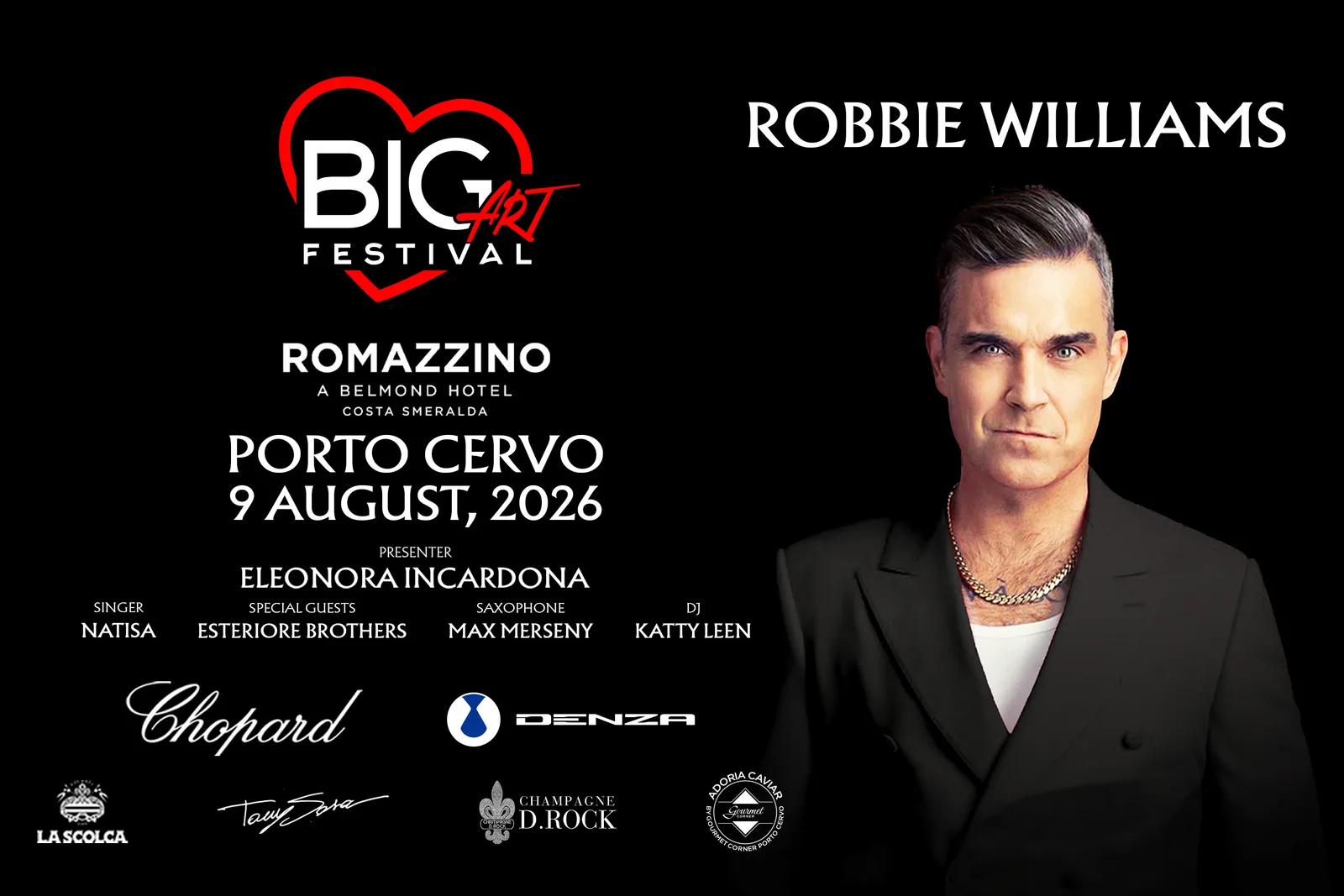 BIG ART Festival poster featuring Robbie Williams at Romazzino in Porto Cervo on August 9, 2026